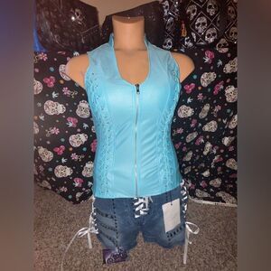 Lydia Lace Up Corset Top in Baby Blue